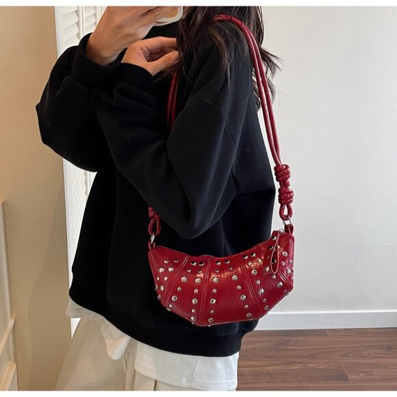 Red Statement Studded Crescent Handbag - Picture 3 of 9